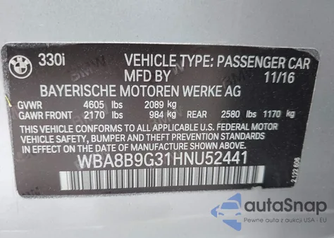 2017 BMW 330I из США, поврежденный, VIN WBA8B9G31HNU52441